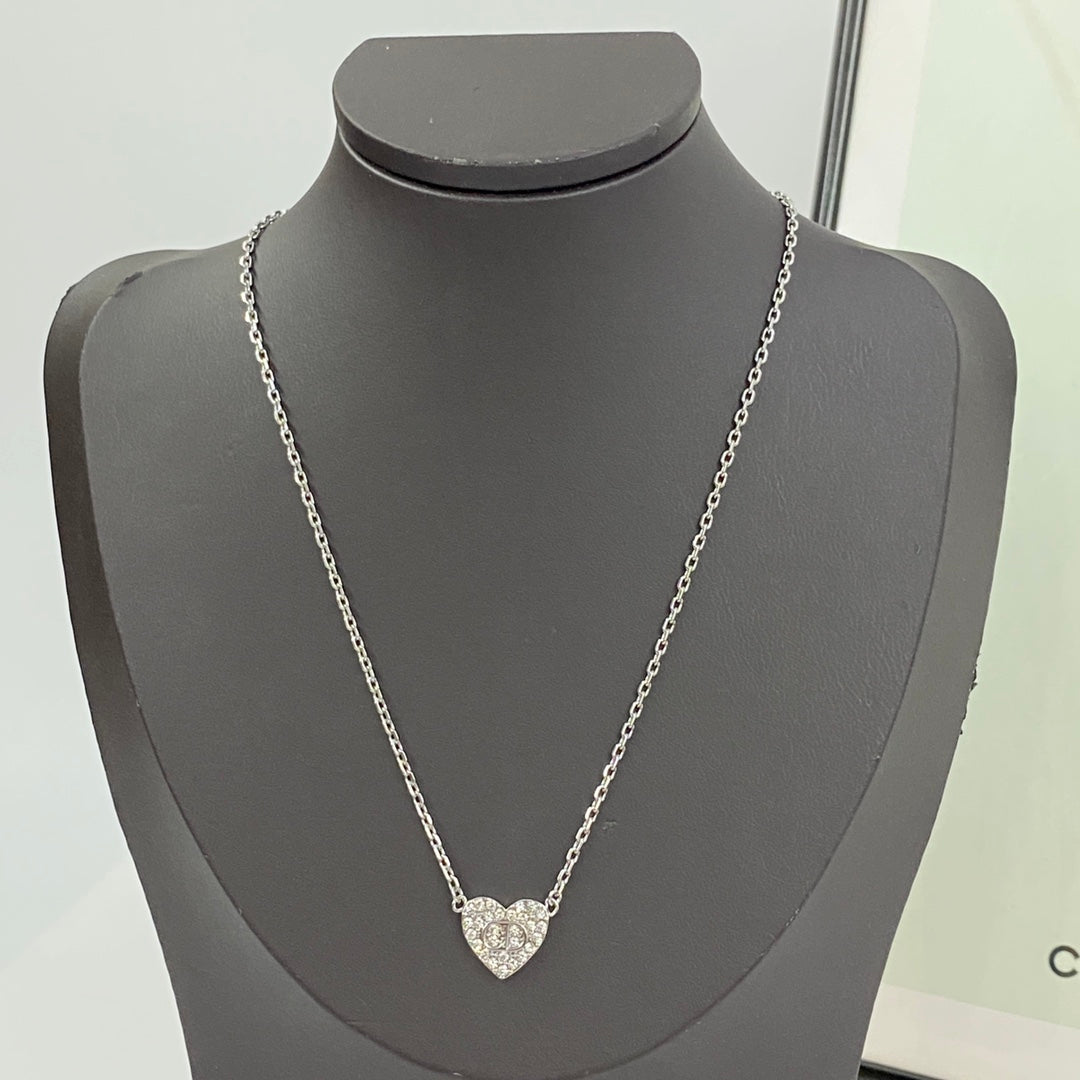 Heart Motif Pendant Necklace in Silver-Tone with Crystal-Style Accents – Design 002 main product view