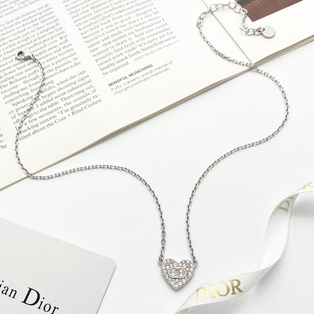 Heart Motif Pendant Necklace in Silver-Tone with Crystal-Style Accents – Design 001 close-up detail