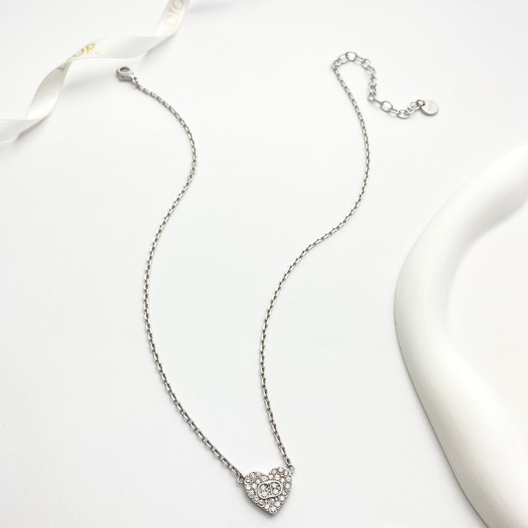 Heart Motif Pendant Necklace in Silver-Tone with Crystal-Style Accents – Design 002 front view