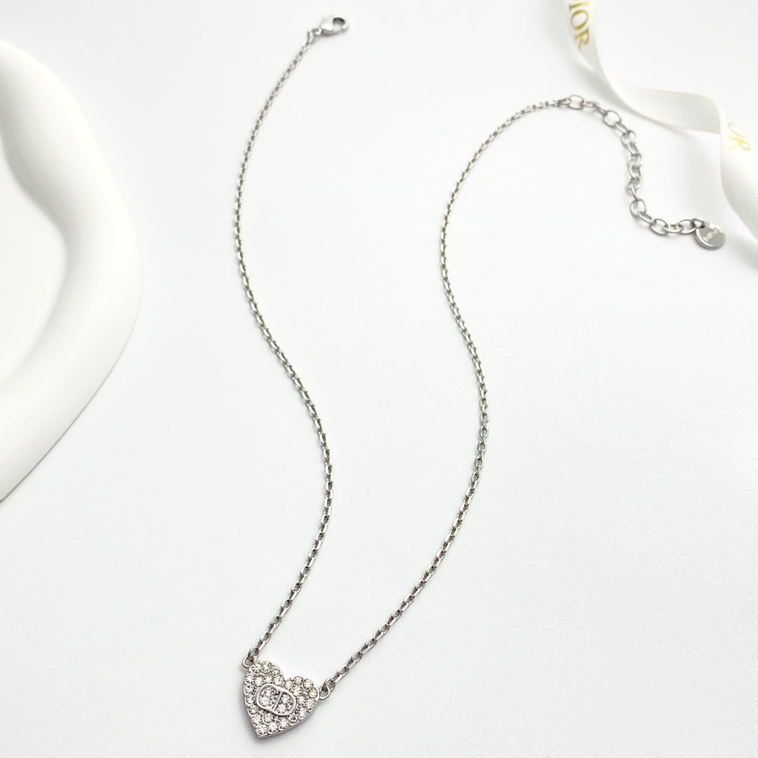 Heart Motif Pendant Necklace in Silver-Tone with Crystal-Style Accents – Design 002 front view