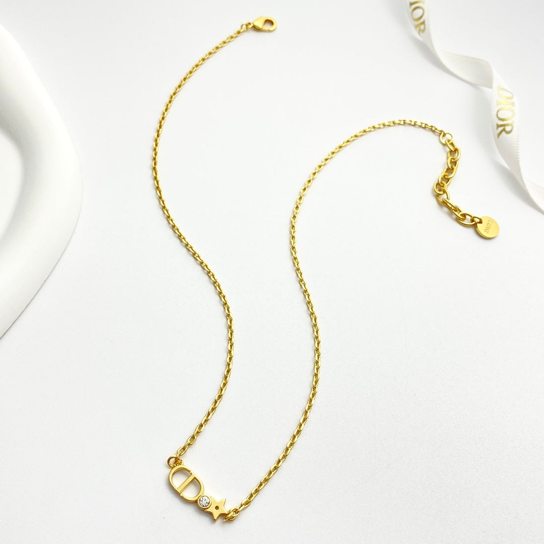 Star Motif Pendant Necklace in Polished Metal-Tone with Crystal-Style Accents – Design 002 front view