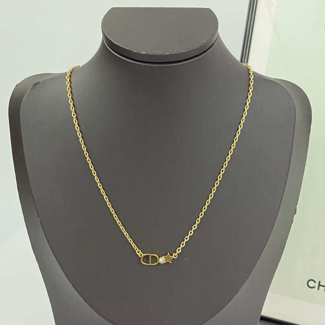 Star Motif Pendant Necklace in Polished Metal-Tone with Crystal-Style Accents – Design 002 main product view