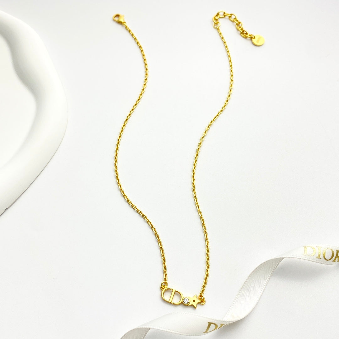 Star Motif Pendant Necklace in Polished Metal-Tone with Crystal-Style Accents – Design 002 front view