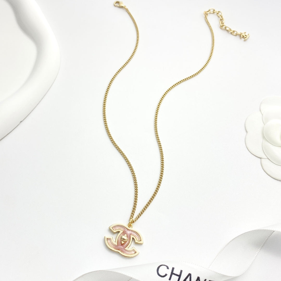 Signature Emblem Pendant Necklace in Gold-Tone – Pink Detail – Design 004 front product view