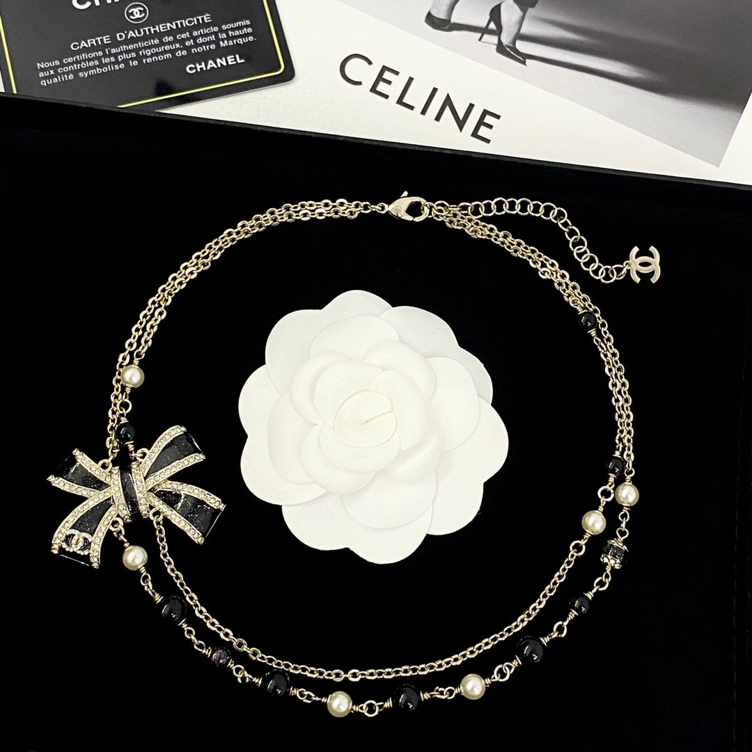 Bow Pearl-Detail Pendant Necklace – Pearl Detail – Design 010 front product view