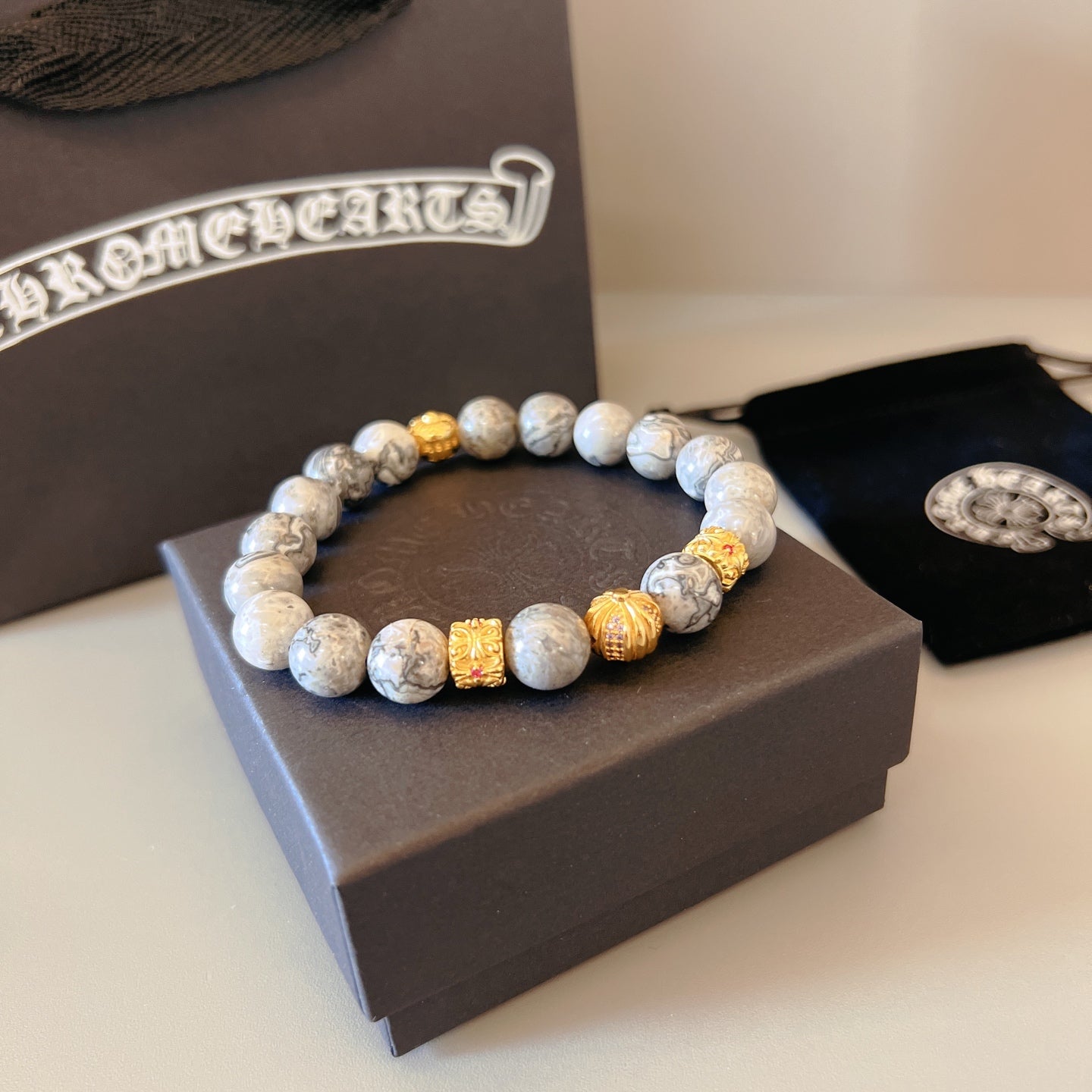 Gothic Emblem Beaded Bracelet in Metal-Tone – Design 07 side detail
