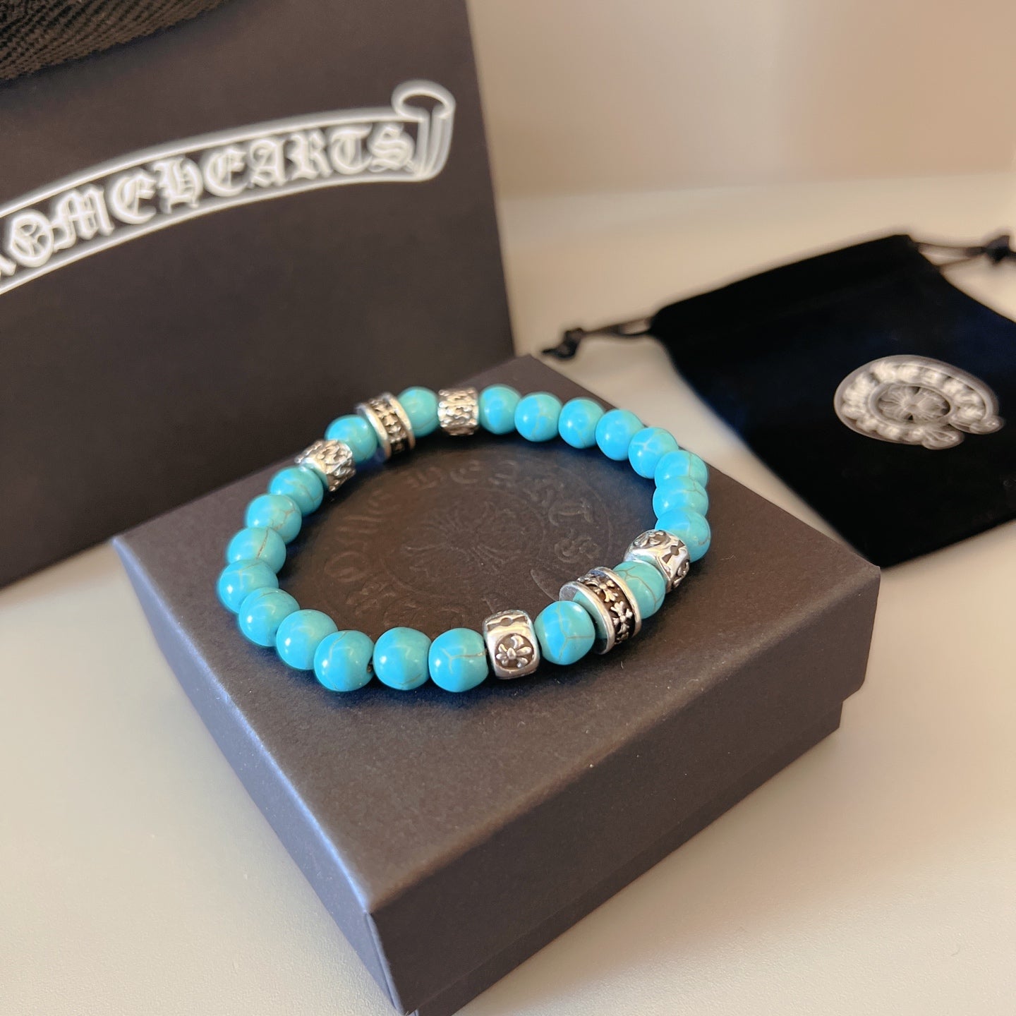 Gothic Emblem Beaded Bracelet in Metal-Tone – Design 08 front product view