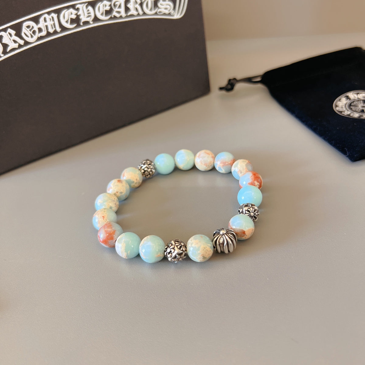 Gothic Emblem Beaded Bracelet in Metal-Tone – Design 09 styled product view
