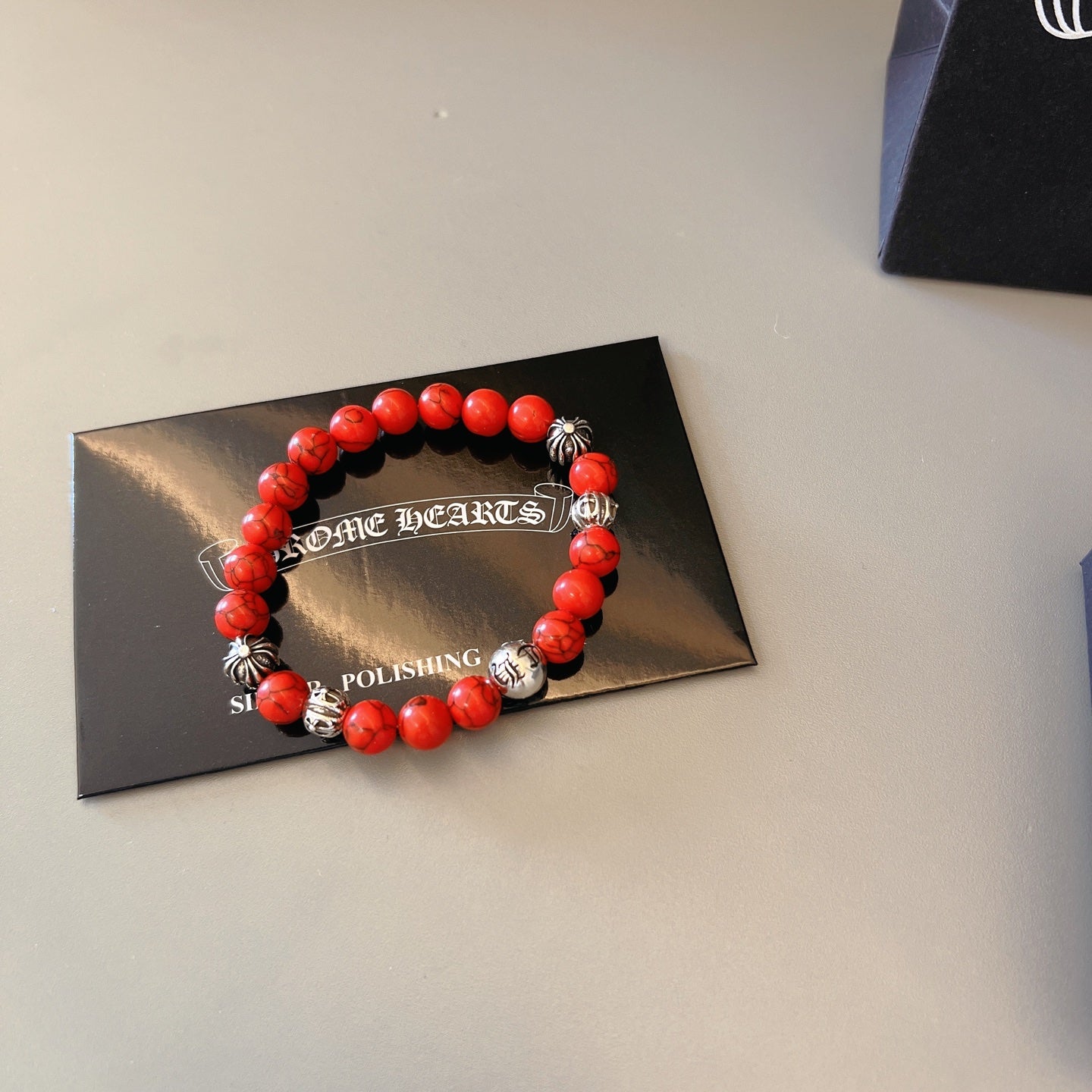 Gothic Emblem Beaded Bracelet in Metal-Tone – Design 12 front product view