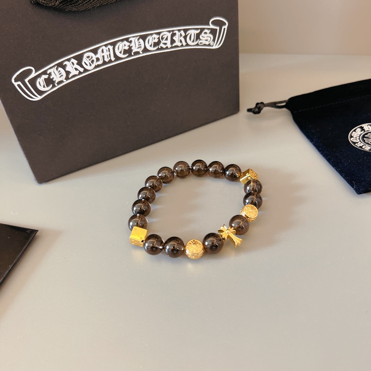 Gothic Emblem Beaded Bracelet in Metal-Tone – Design 13 detail view