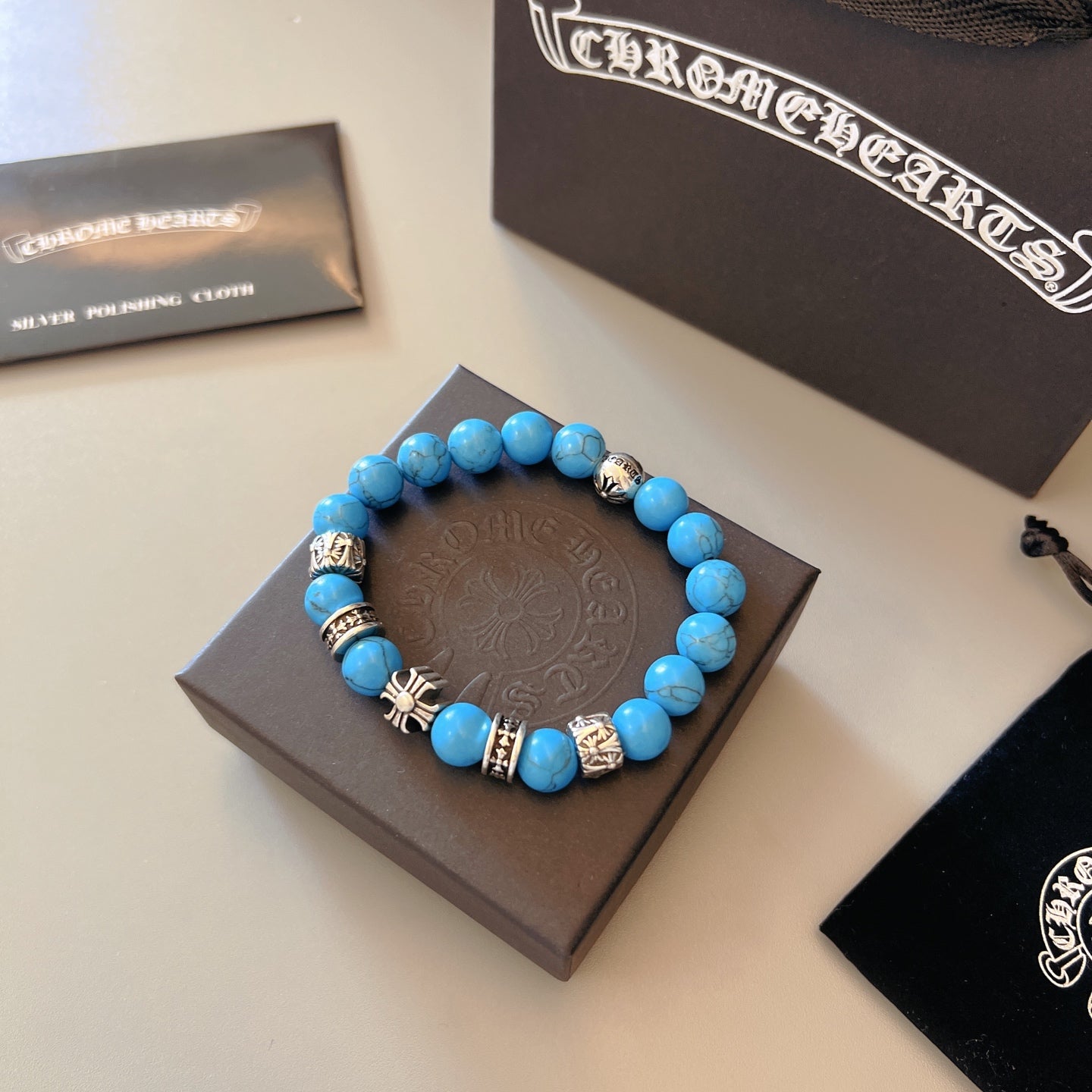 Gothic Emblem Beaded Bracelet in Metal-Tone – Design 14 front product view