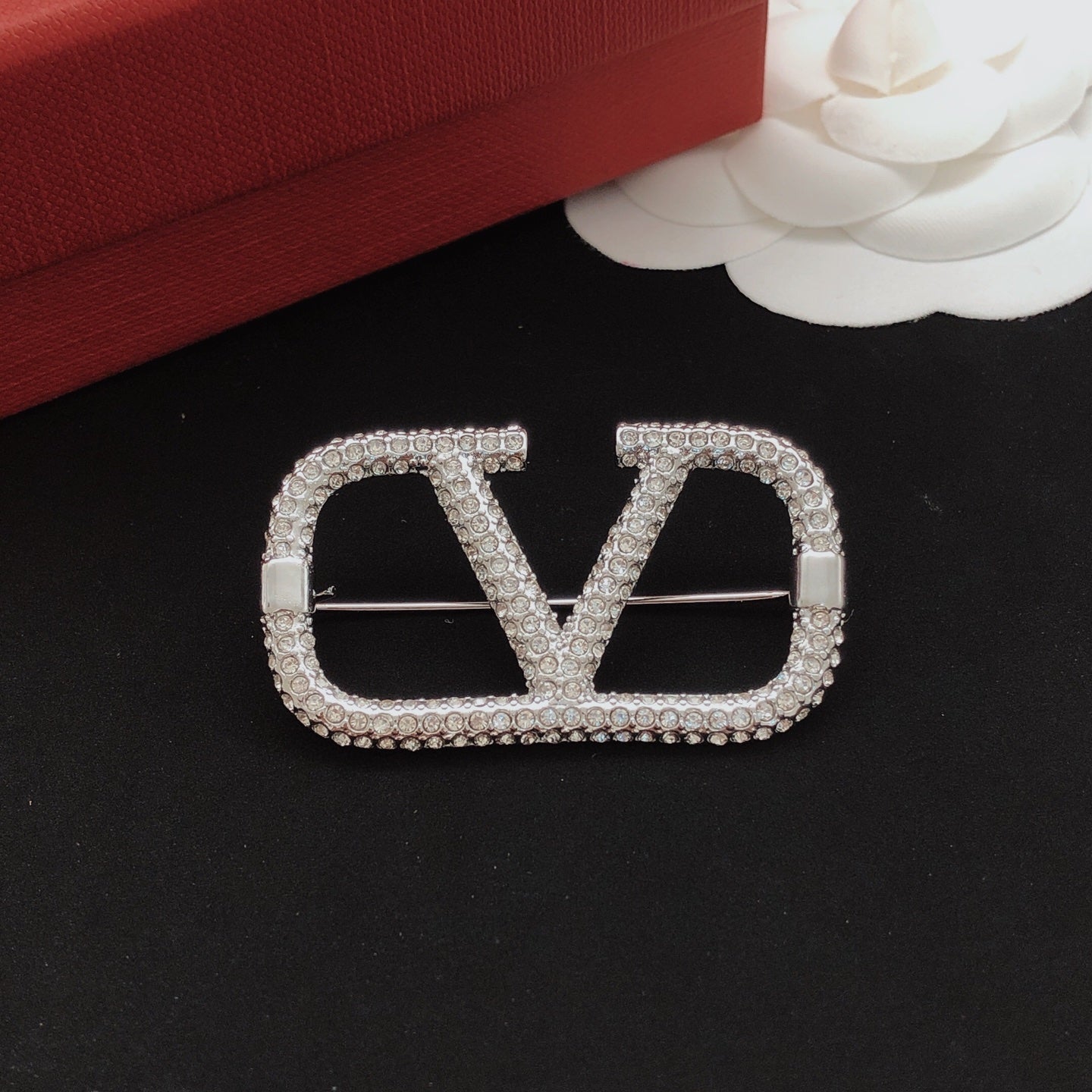 Signature Emblem Crystal-Accent Brooch side detail