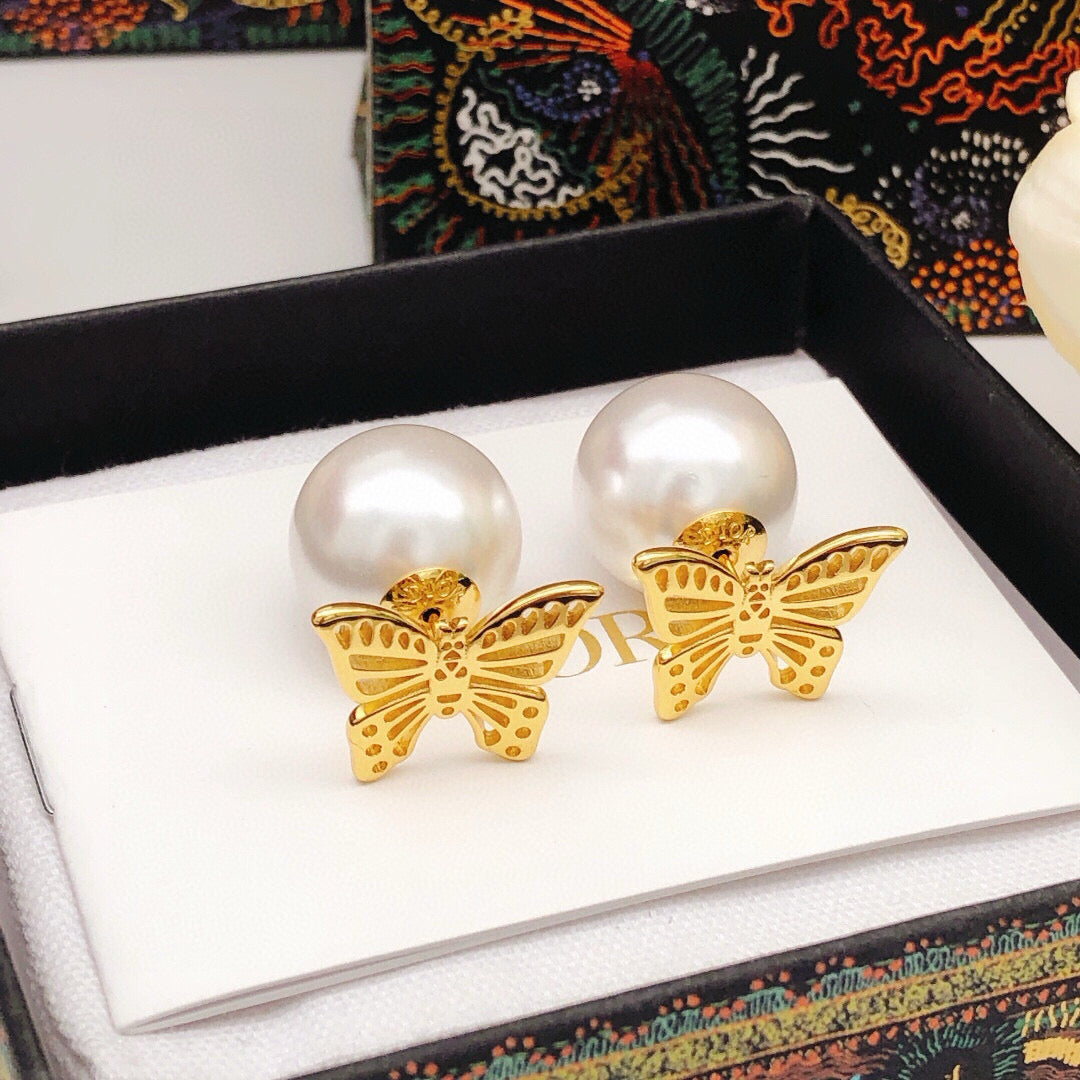 Bow & Butterfly Motif Stud Earrings in Polished Metal-Tone – Design 003 styled view