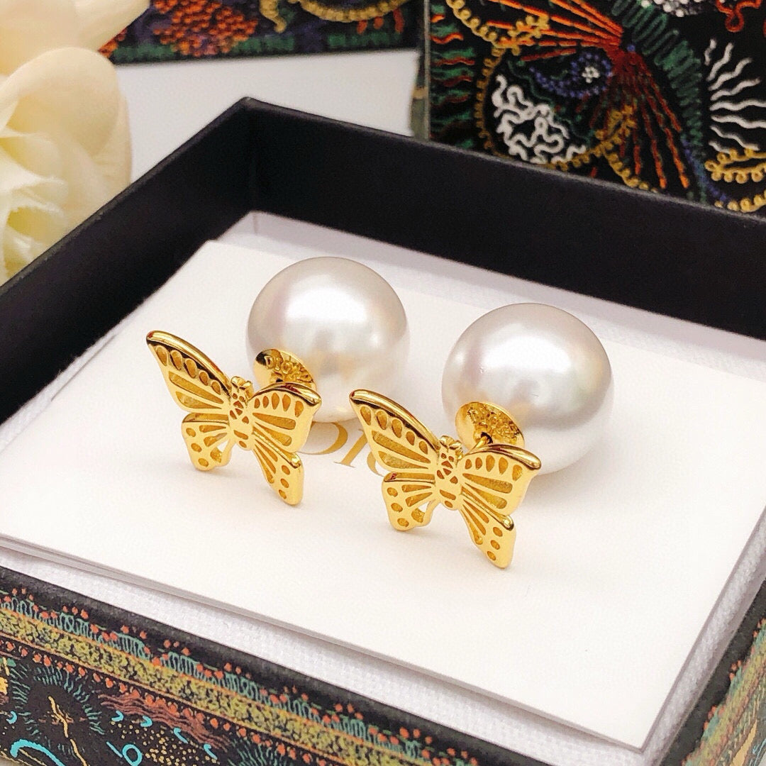 Bow & Butterfly Motif Stud Earrings in Polished Metal-Tone – Design 003 side detail