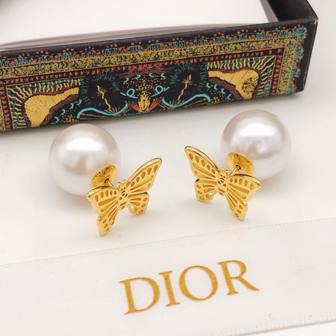 Bow & Butterfly Motif Stud Earrings in Polished Metal-Tone – Design 003 front view