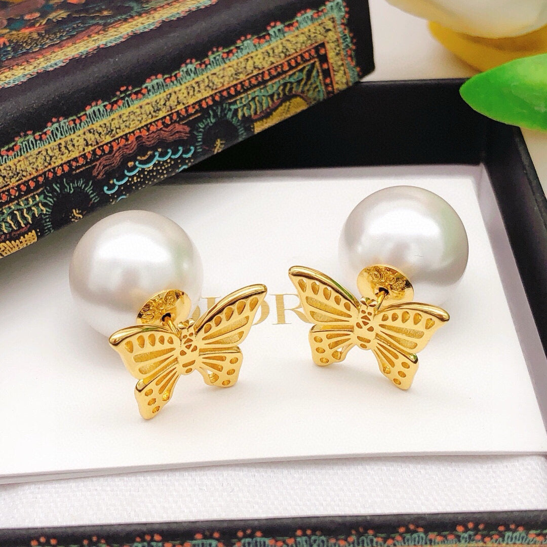 Bow & Butterfly Motif Stud Earrings in Polished Metal-Tone – Design 003 main product view
