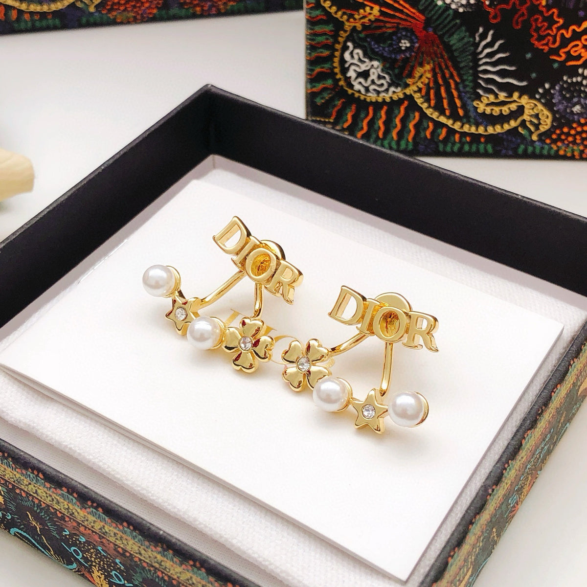 Star Motif Stud Earrings in Polished Metal-Tone – Design 009 styled view