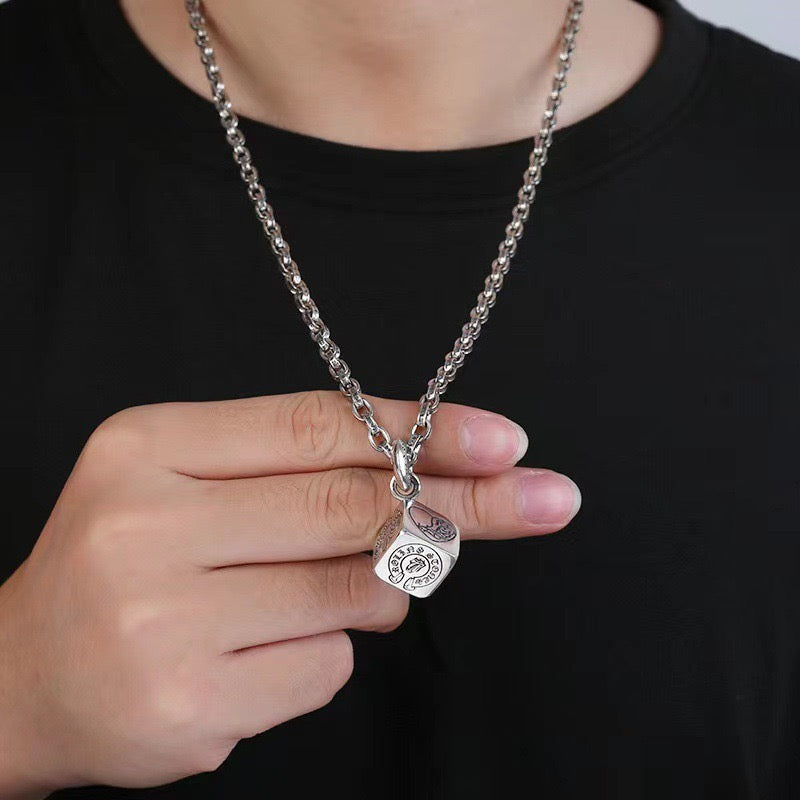 Cross Pendant Necklace in Antique Silver-Tone – Dice Detail close-up detail