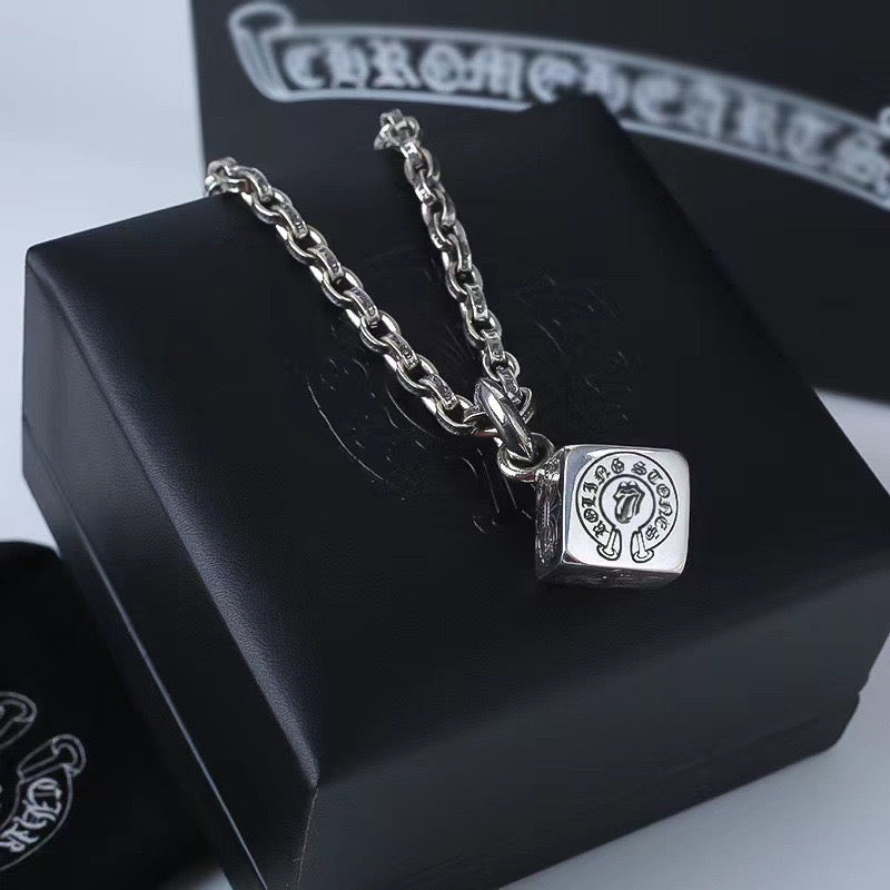 Cross Pendant Necklace in Antique Silver-Tone – Dice Detail front product view