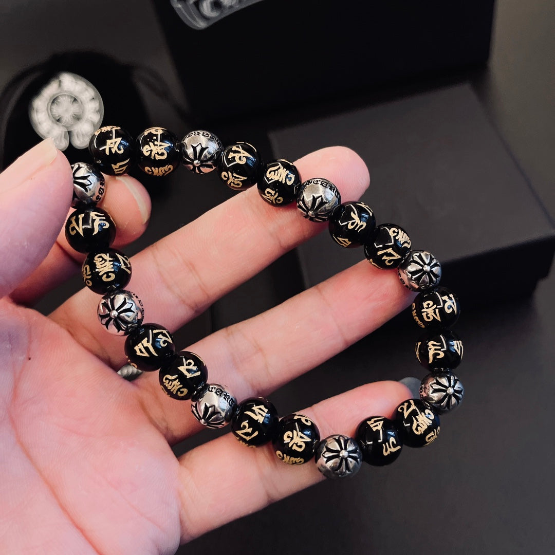 Gothic Emblem Beaded Bracelet in Metal-Tone – Design 05 front product view