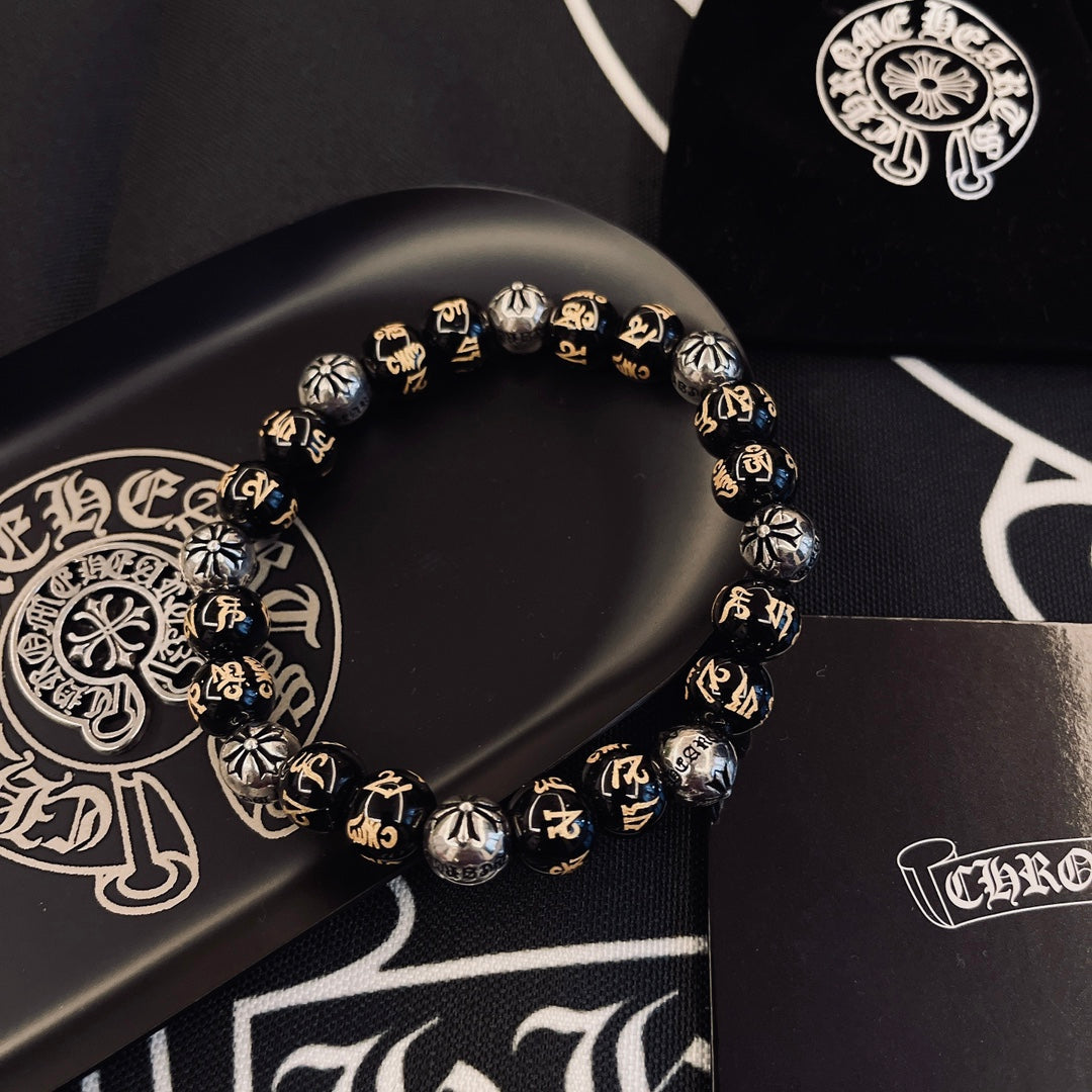 Gothic Emblem Beaded Bracelet in Metal-Tone – Design 05 detail view
