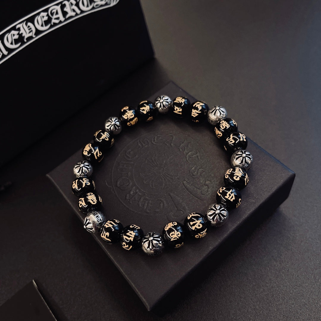 Gothic Emblem Beaded Bracelet in Metal-Tone – Design 05 front product view