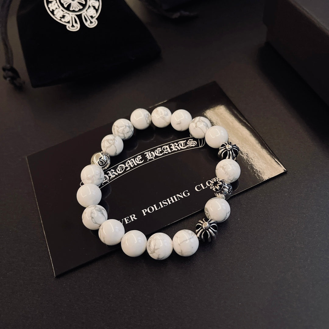 Gothic Emblem Beaded Bracelet in Metal-Tone – Design 04 front product view