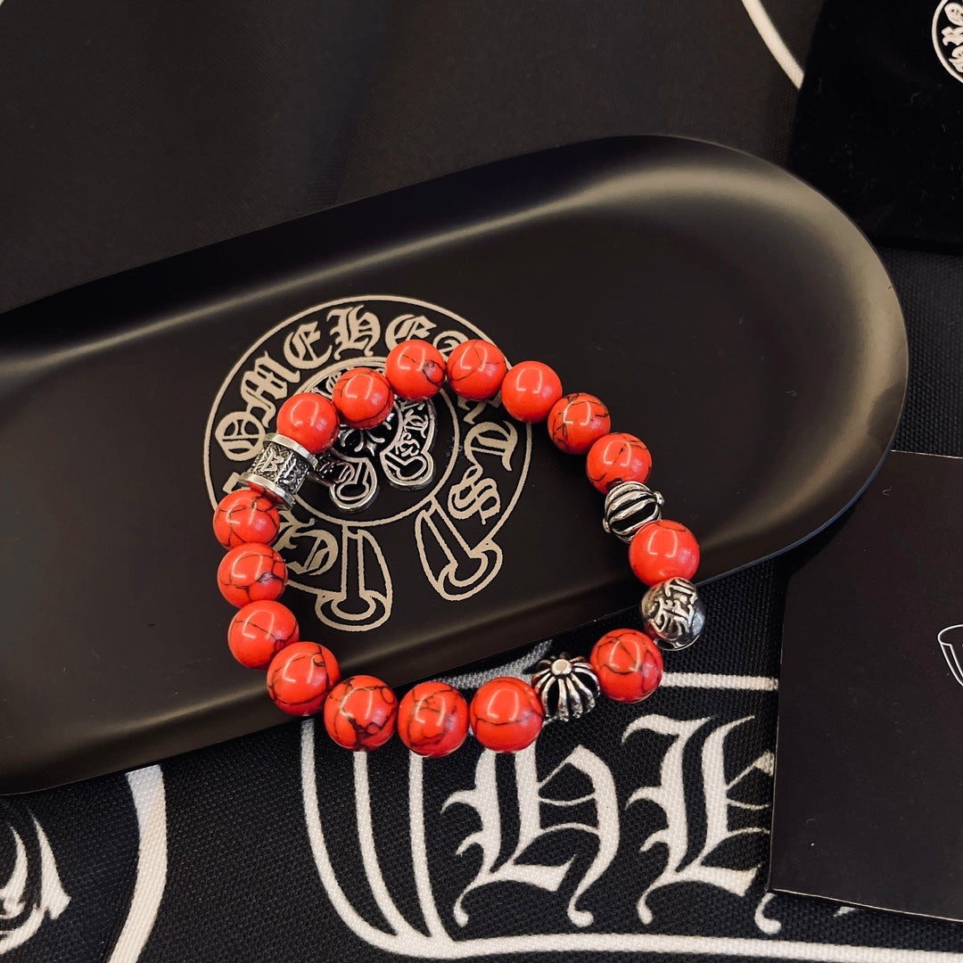 Gothic Emblem Beaded Bracelet in Metal-Tone – Design 03 front product view