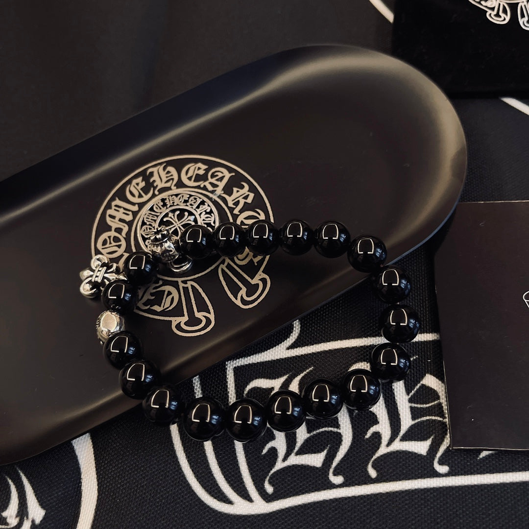 Gothic Emblem Beaded Bracelet in Metal-Tone – Design 02 front product view