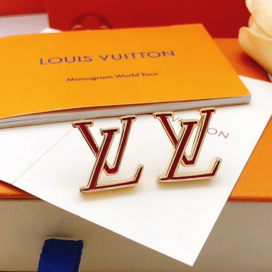 Geometric Emblem Stud Earrings in Gold-Tone – Red Detail – Design 004 main product view