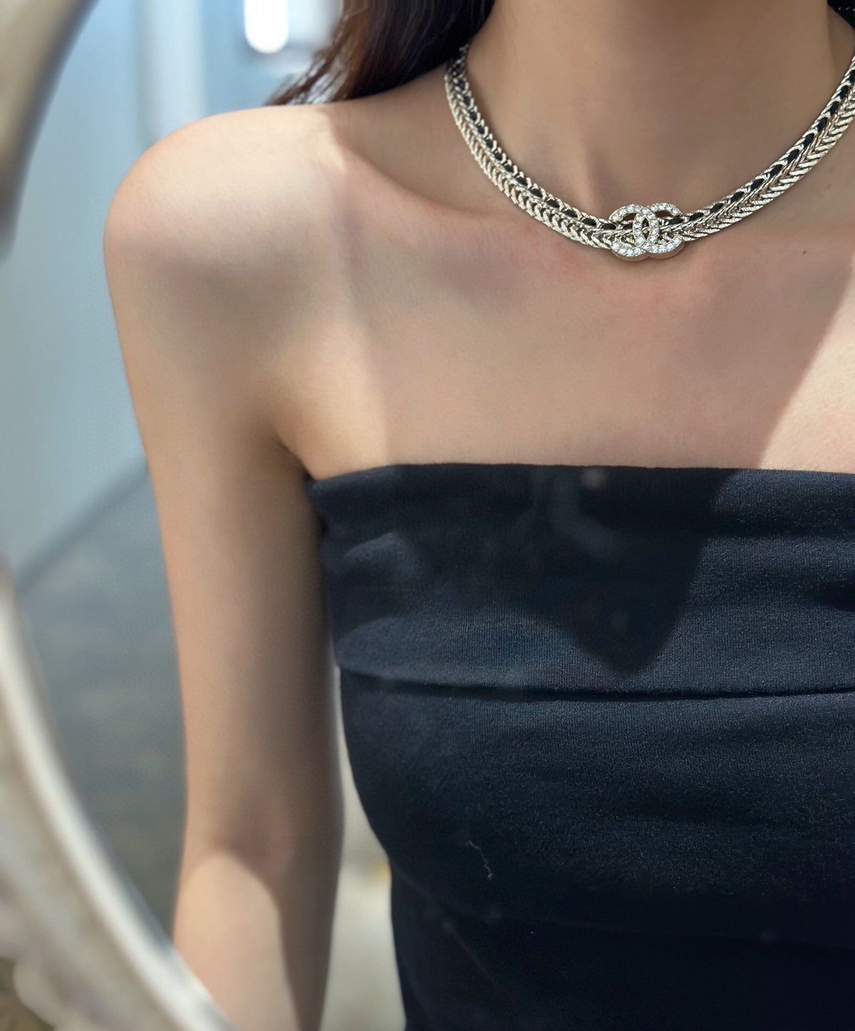 Signature Emblem Pendant Necklace in Polished Metal-Tone – Black Detail detail view