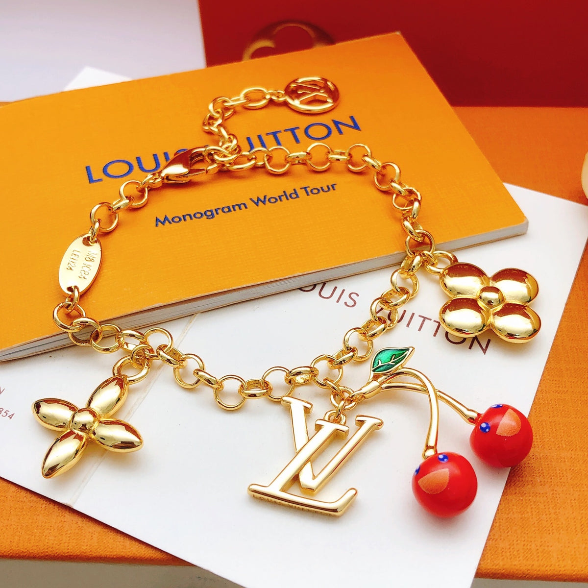 Geometric Emblem Bracelet in Gold-Tone – Red Detail – Design 002 front product view
