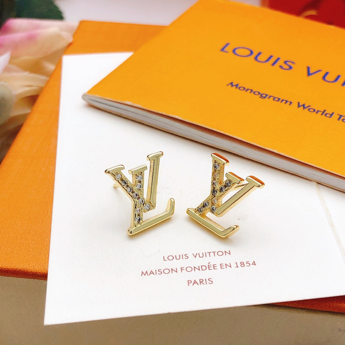 Geometric Emblem Stud Earrings in Gold-Tone – Design 031 detail view
