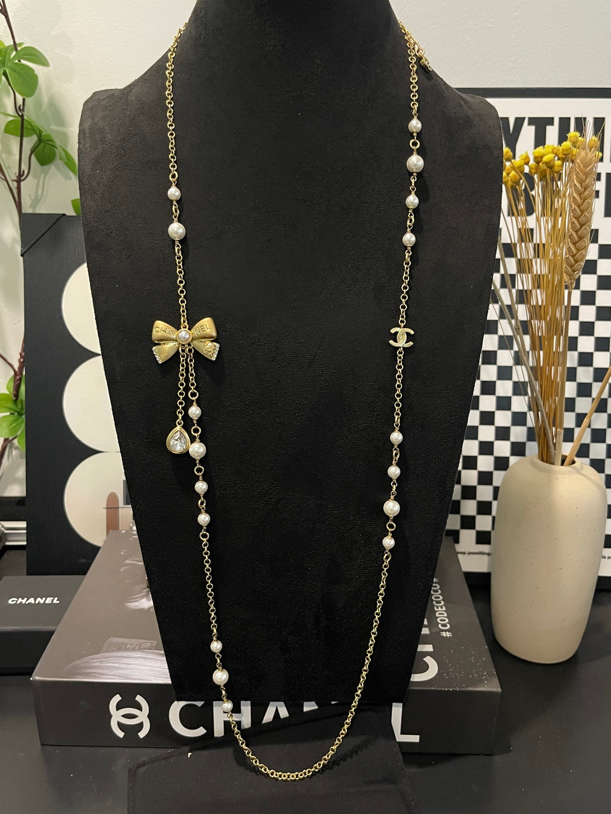 Bow Pearl-Detail Pendant Necklace – Pearl Detail – Design 007 front product view
