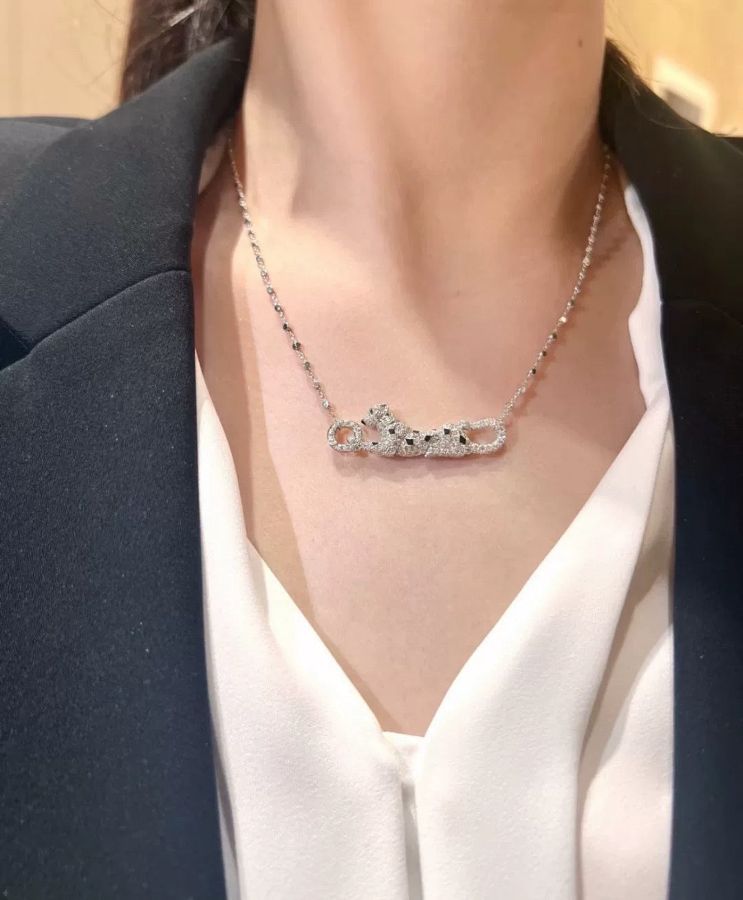 Panther Motif Pendant Necklace in Silver-Tone front view
