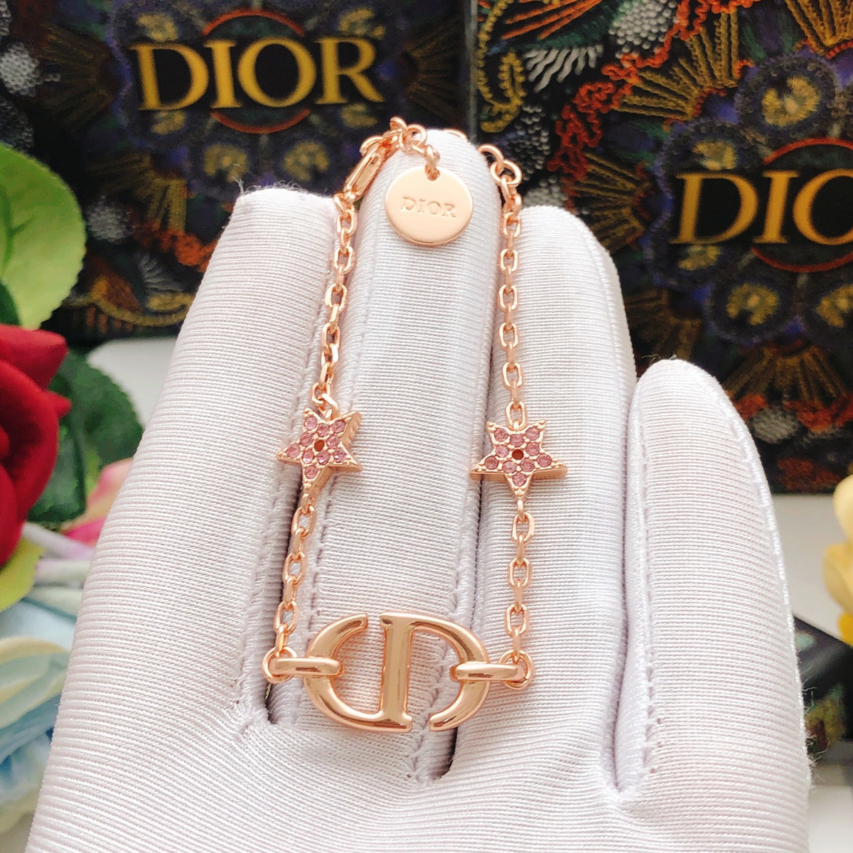 Pearl-Style Motif Statement Bracelet in Rose-Gold-Tone with Pearl-Style Detail front view