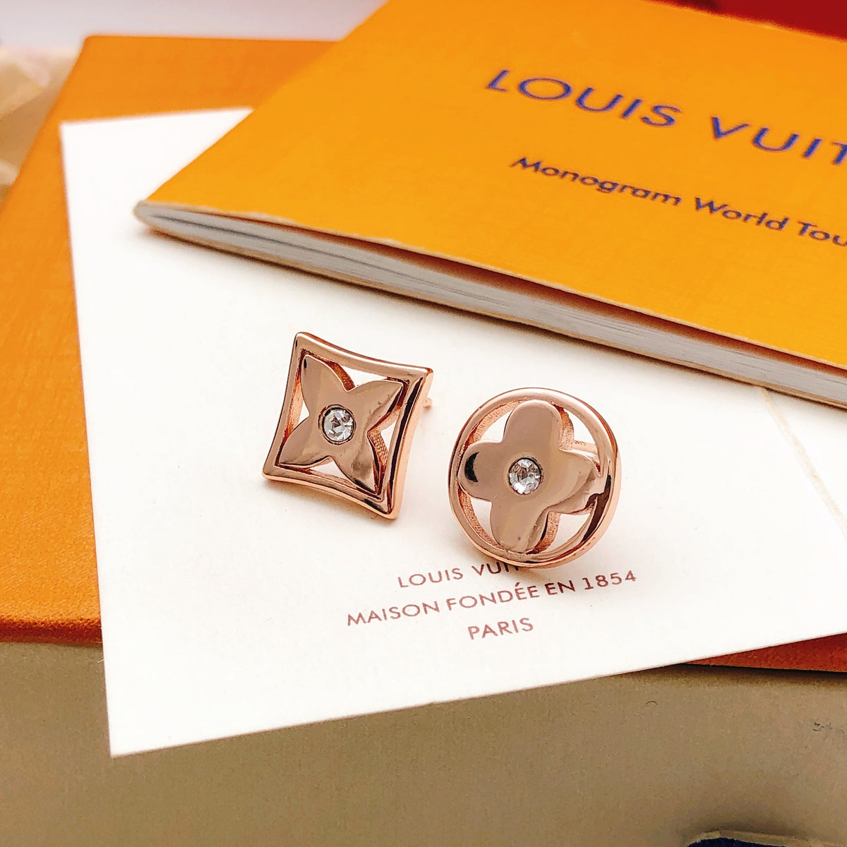 Round Stud Earrings in Rose-Gold-Tone – Rose Gold Detail – Design 002 front product view