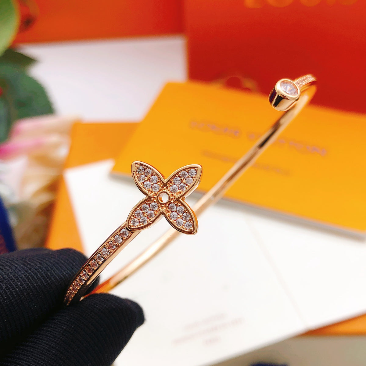 rose gold brass rose Bangle for women - alternate angle view 2