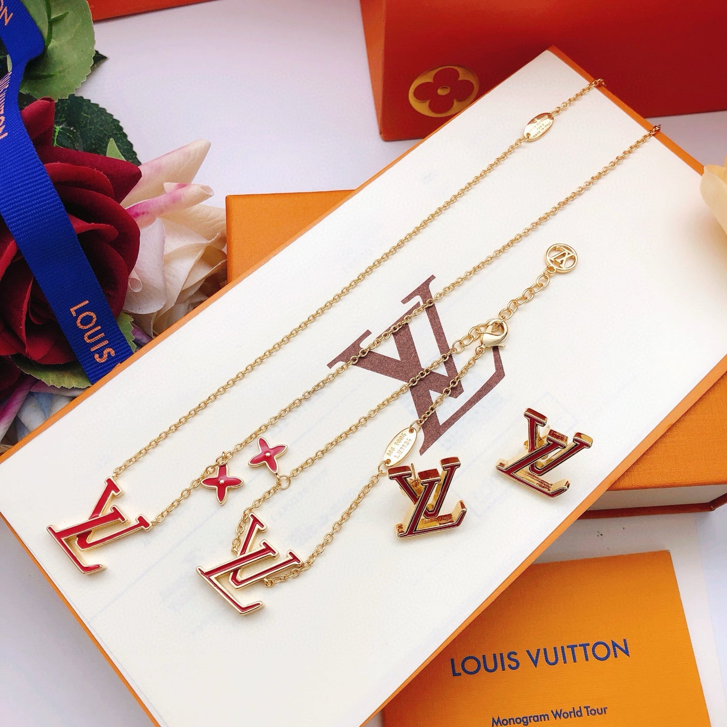 Geometric Emblem Stud Earrings in Gold-Tone – Red Detail – Design 003 styled product view
