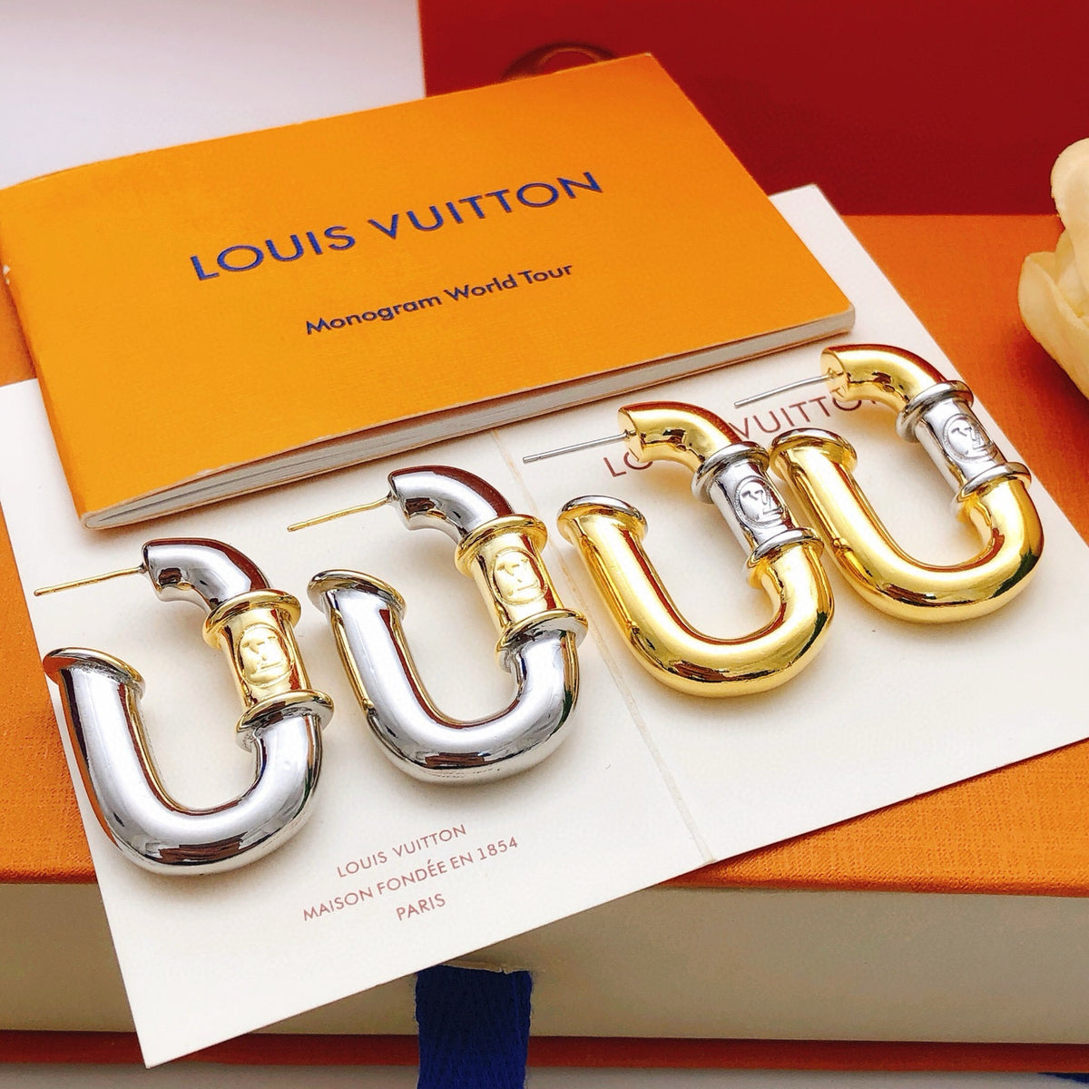 Geometric Emblem Statement Earrings in Silver-Tone – Silver Detail – Design 006 close-up detail