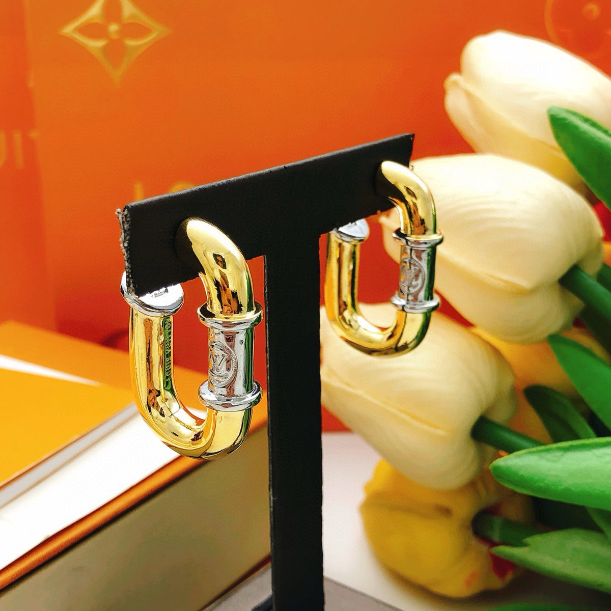 Geometric Emblem Statement Earrings in Gold-Tone – Design 005 styled product view