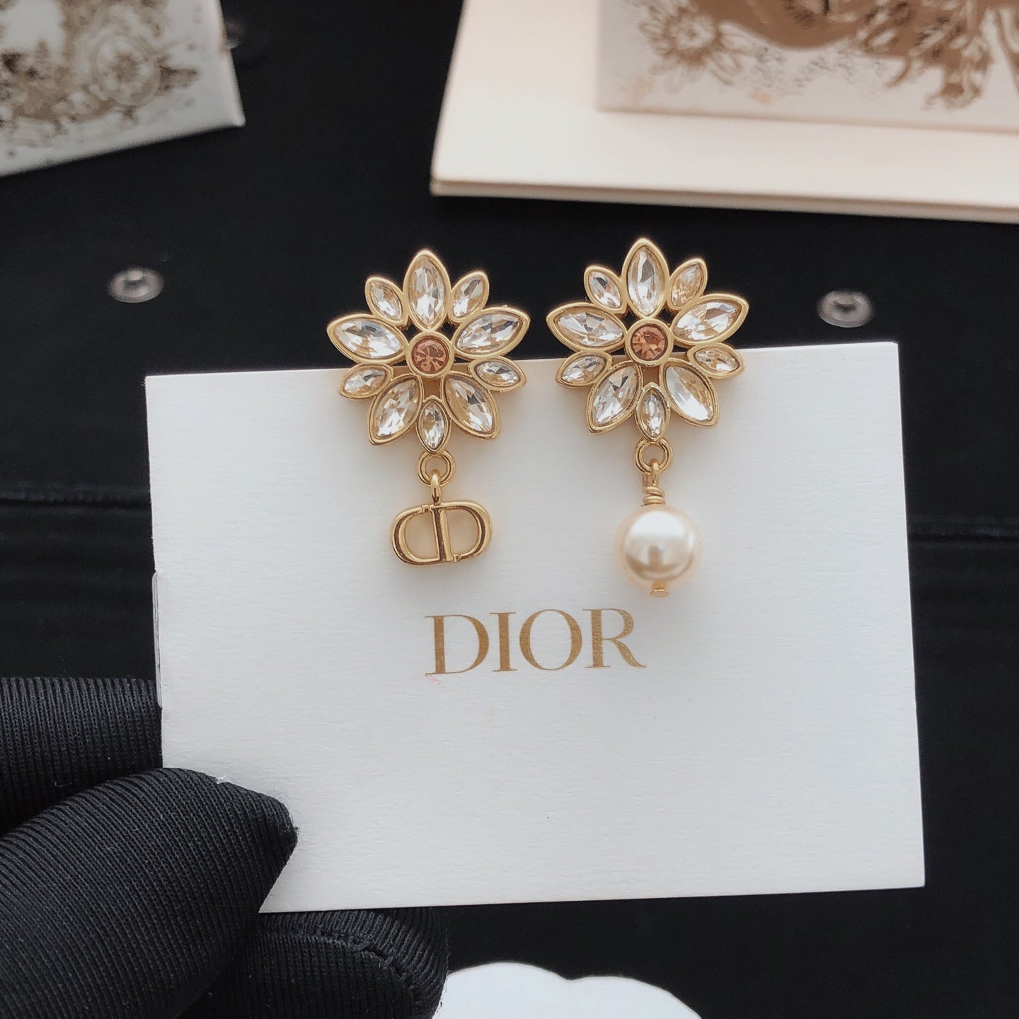Floral Motif Stud Earrings in Polished Metal-Tone with Crystal-Style Accents – Design 001 front view