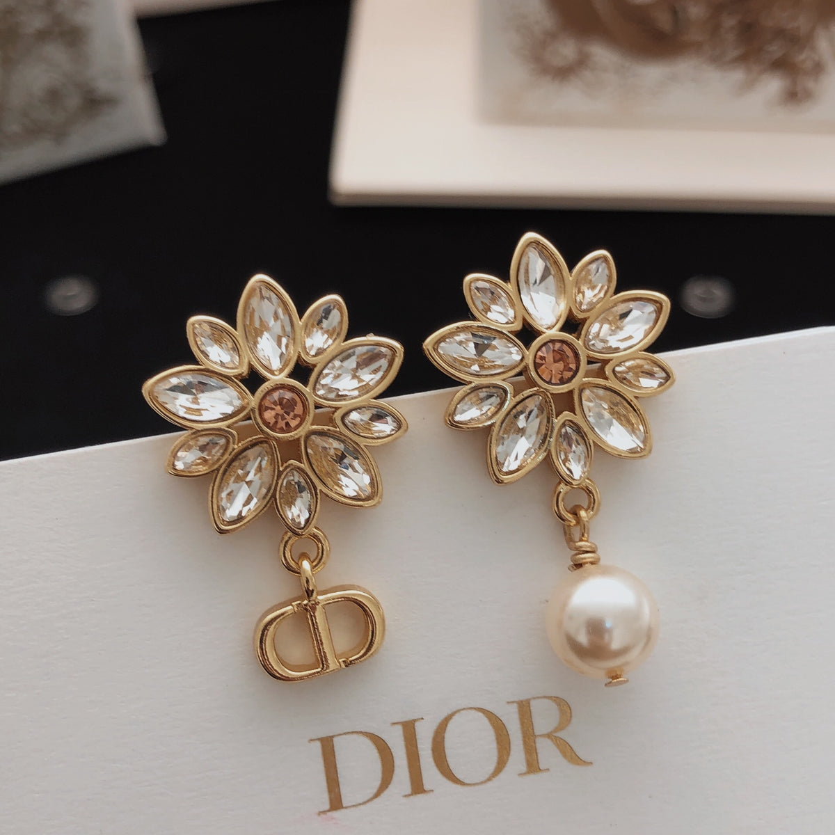 Floral Motif Stud Earrings in Polished Metal-Tone with Crystal-Style Accents – Design 001 main product view