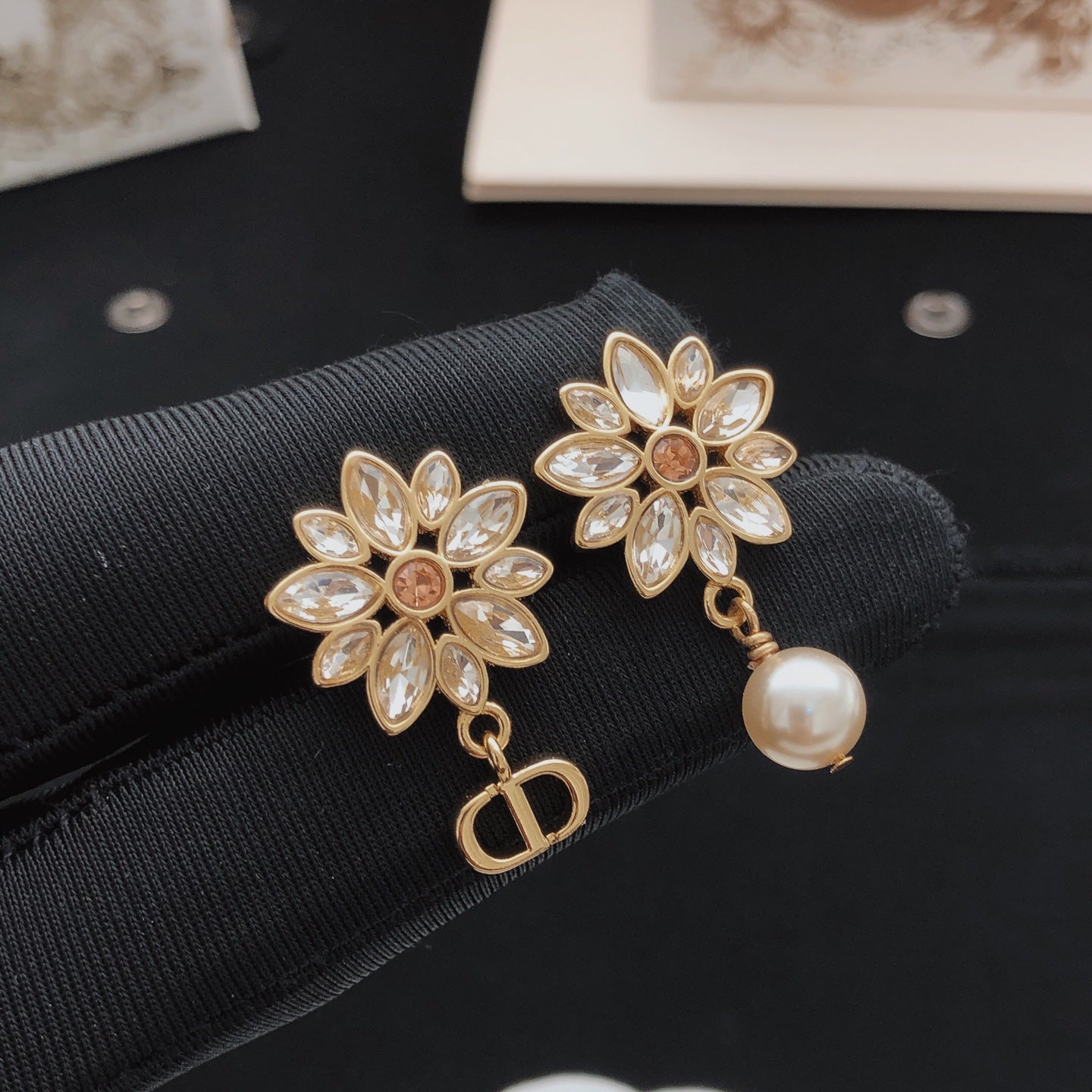 Floral Motif Stud Earrings in Polished Metal-Tone with Crystal-Style Accents – Design 001 detail view