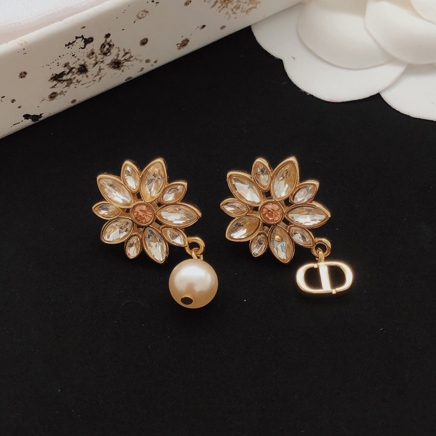 Floral Motif Stud Earrings in Polished Metal-Tone with Crystal-Style Accents – Design 001 close-up detail
