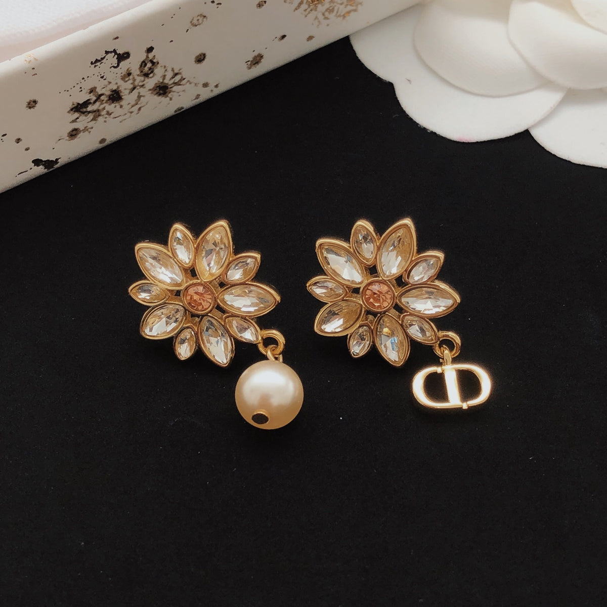 Floral Motif Stud Earrings in Polished Metal-Tone with Crystal-Style Accents – Design 001 close-up detail