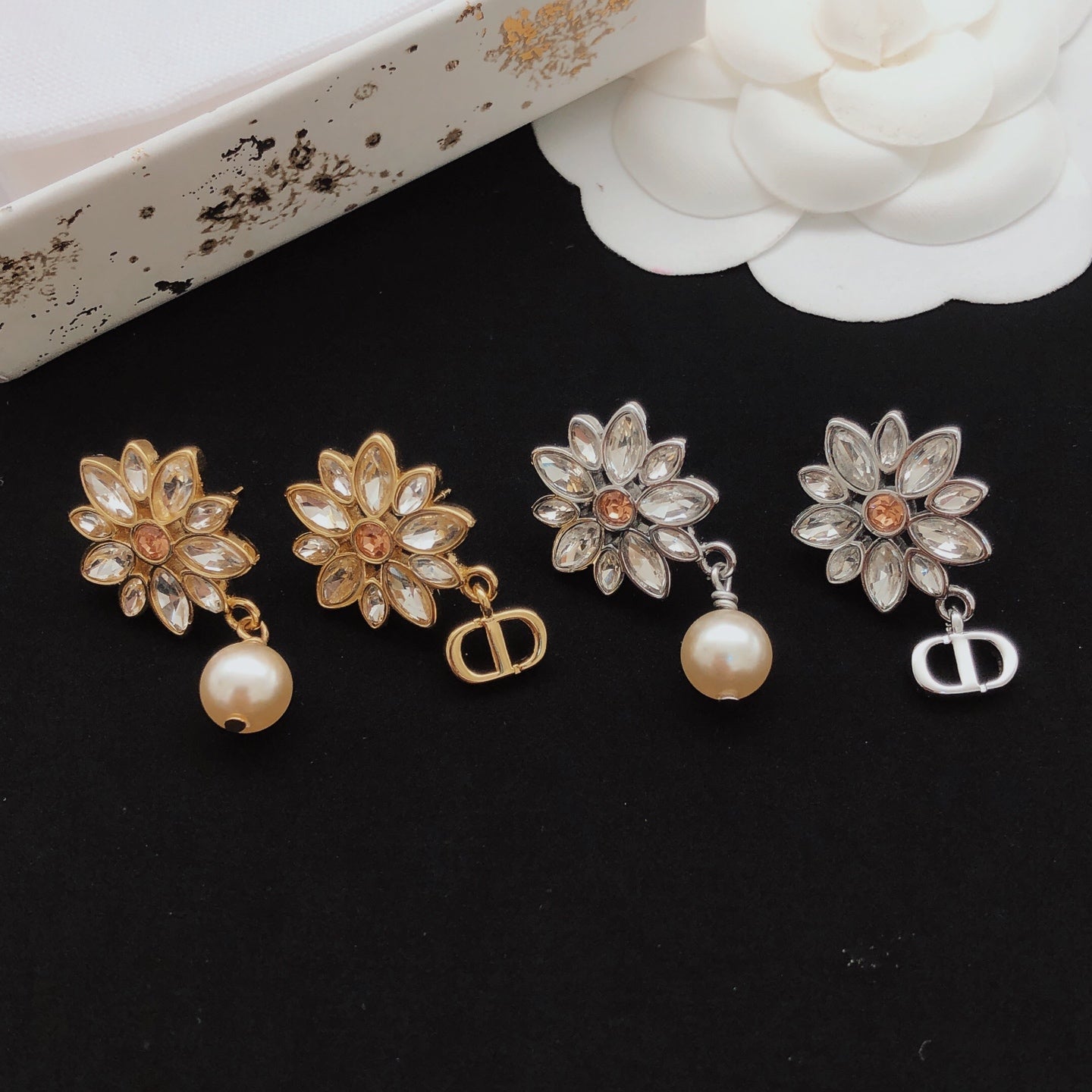 Floral Motif Stud Earrings in Polished Metal-Tone with Crystal-Style Accents – Design 001 front view