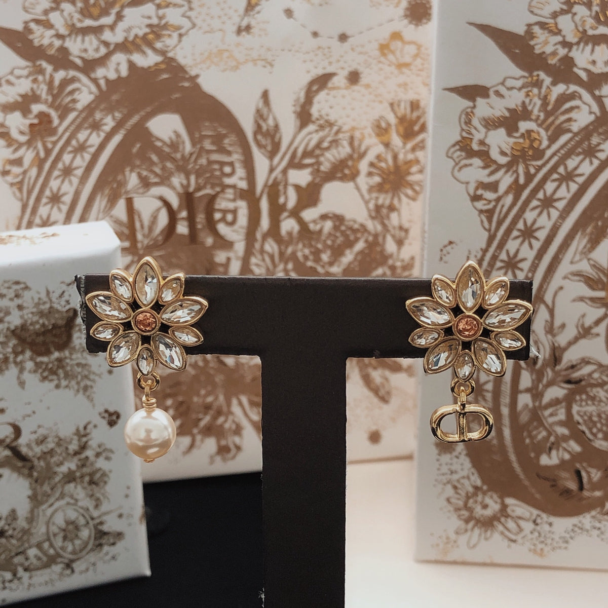 Floral Motif Stud Earrings in Polished Metal-Tone with Crystal-Style Accents – Design 001 detail view