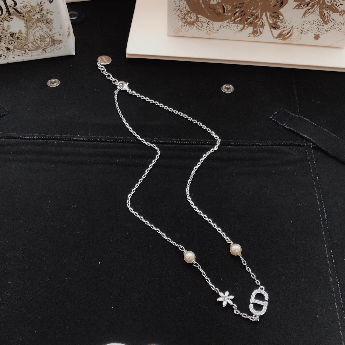 Pearl-Style Motif Pendant Necklace in Polished Metal-Tone with Pearl-Style Detail – Design 008 styled view