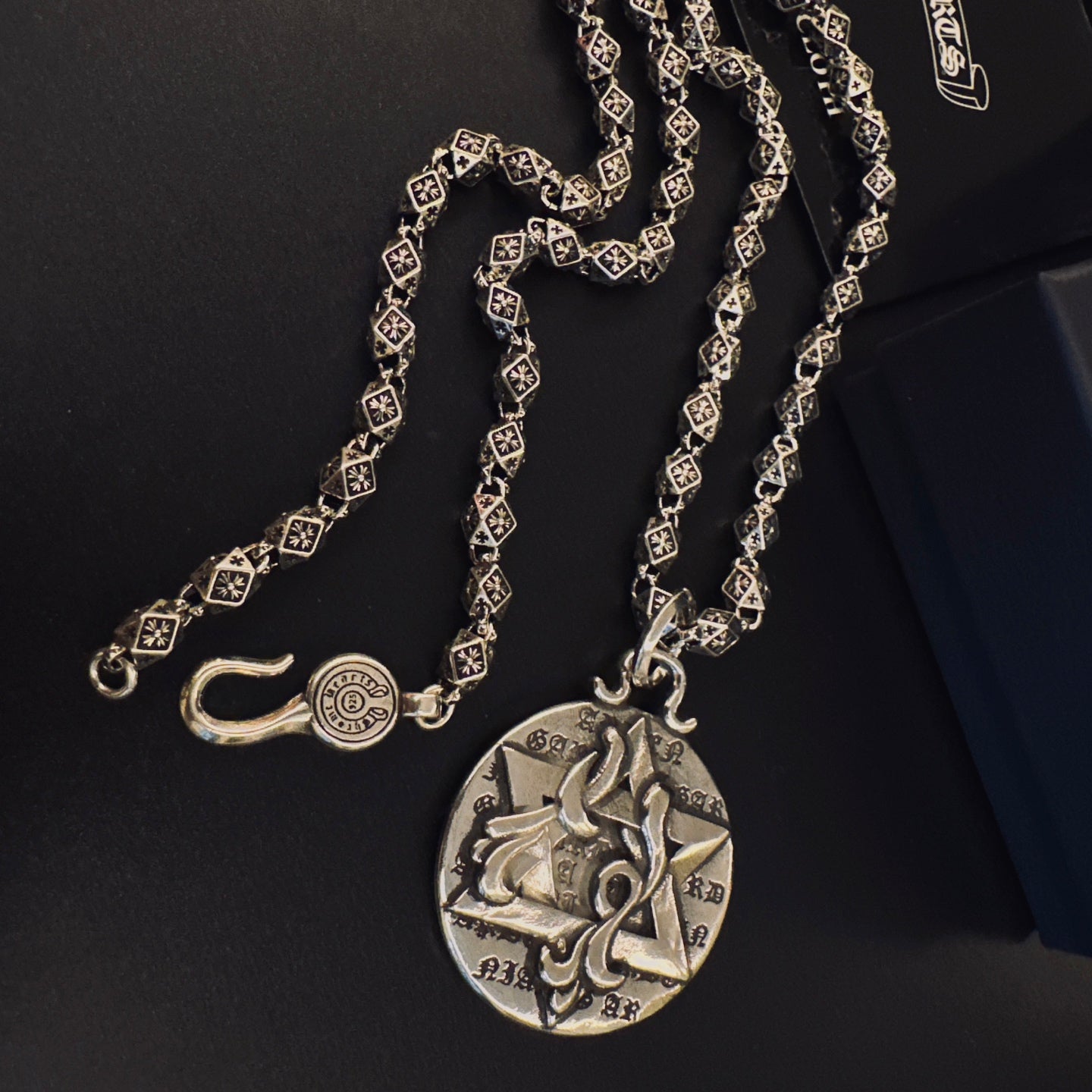 Gothic Emblem Pendant Necklace in Metal-Tone – Design 31 side detail
